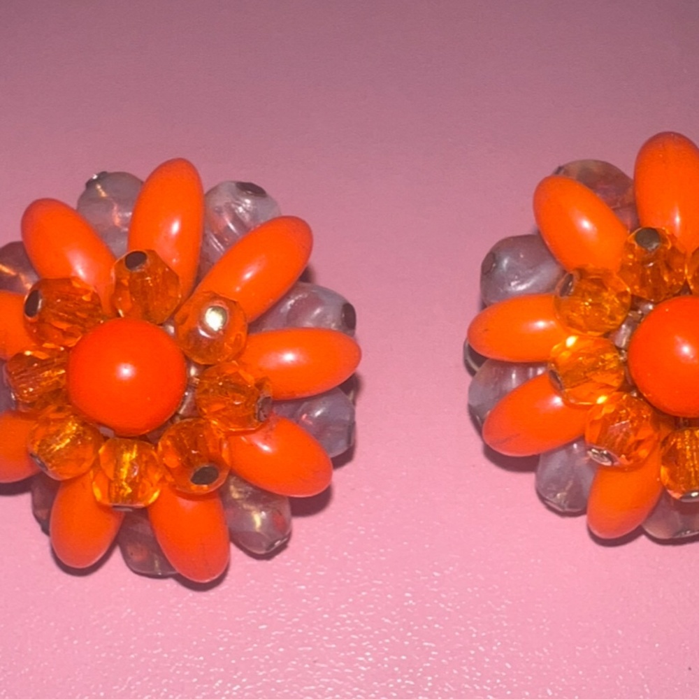 Vintage 1950s floral beaded orange clip on earrings West Germany